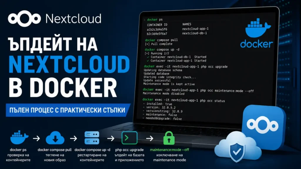 Ъпдейт на Nextcloud в Docker (без изненади и счупени инстанции)